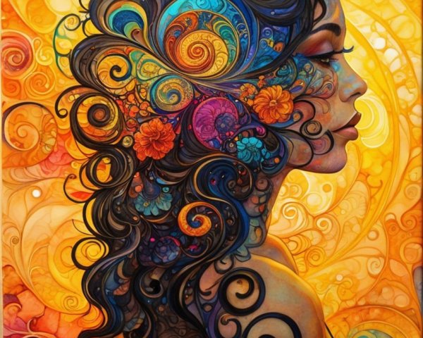 Profile of a Woman with Swirling Hair and Patterns