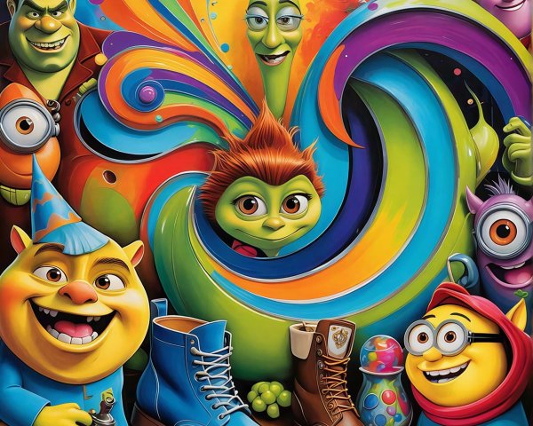 Colorful Cartoon Characters and Objects Illustration