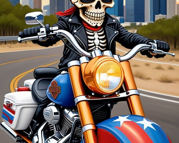 Skeleton in Leather Jacket Riding Motorcycle at Sunset