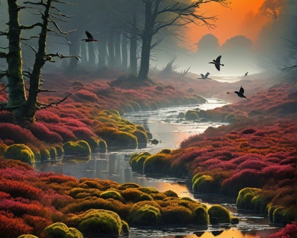 Tranquil Sunset Landscape with River and Silhouetted Trees