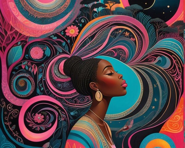 Serene Woman in Colorful Garment with Vibrant Patterns