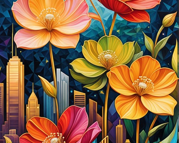Vibrant Flowers Against a Blue Urban Skyline