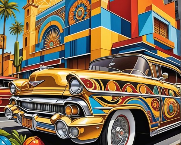 Vivid Yellow Vintage Car with Colorful Building Scene