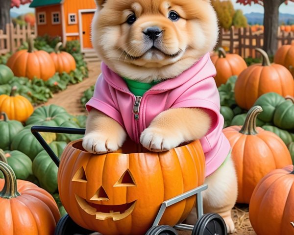 Fluffy Chow Chow Puppy in Pumpkin Cart Scene