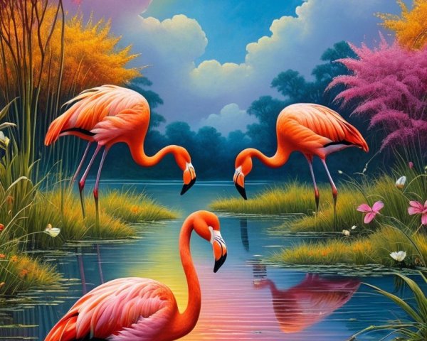 Flamingos by a Colorful Sunset at a Tranquil Lake