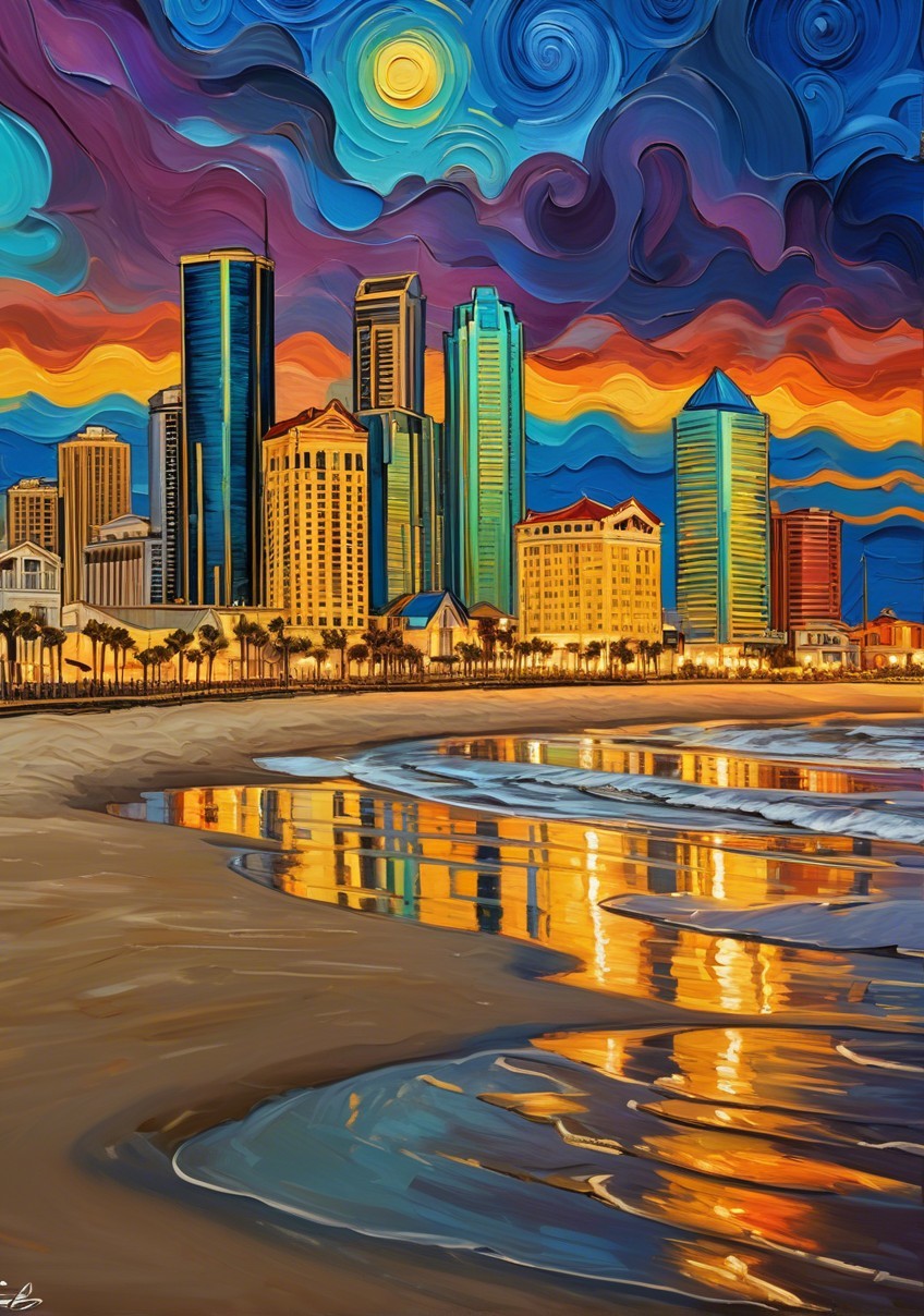 Vibrant City Skyline at Sunset with Tropical Elements