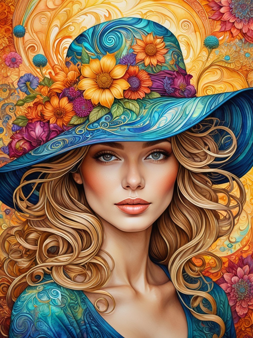 Illustration of a Woman in Floral Hat and Attire
