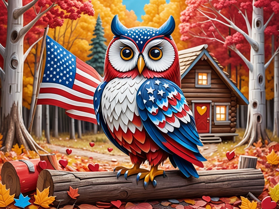 Cartoon Owl with American Flag in Autumn Setting