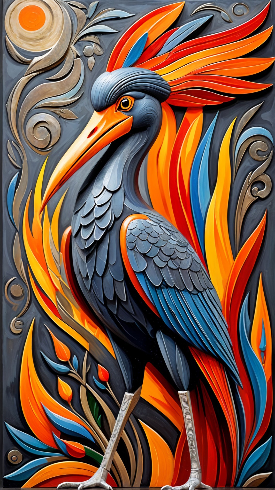 Stylized Bird with Colorful Plumage and Patterns