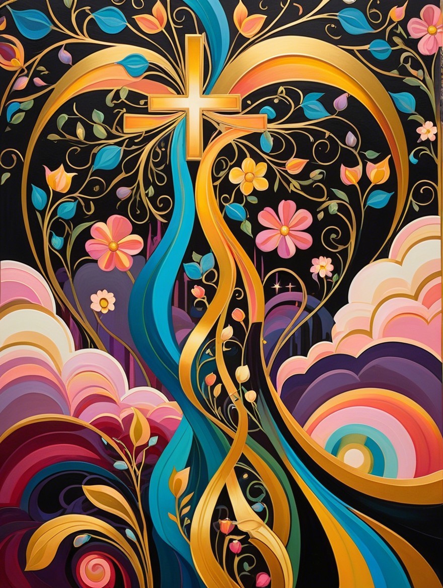 Vibrant Abstract Artwork with Golden Cross and Vines