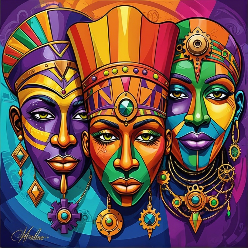 Intricate Female Figures with Vibrant Colors and Patterns