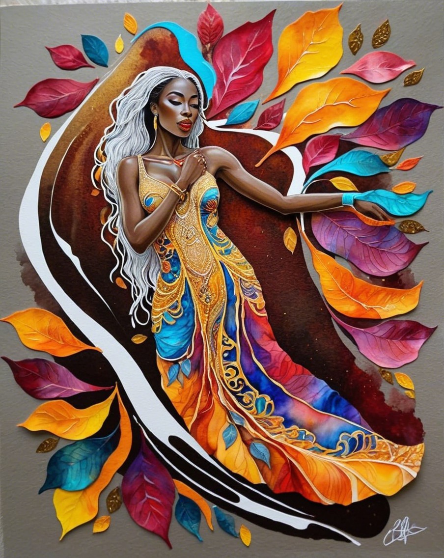 Elegant Woman in Vibrant Gown Surrounded by Leaves