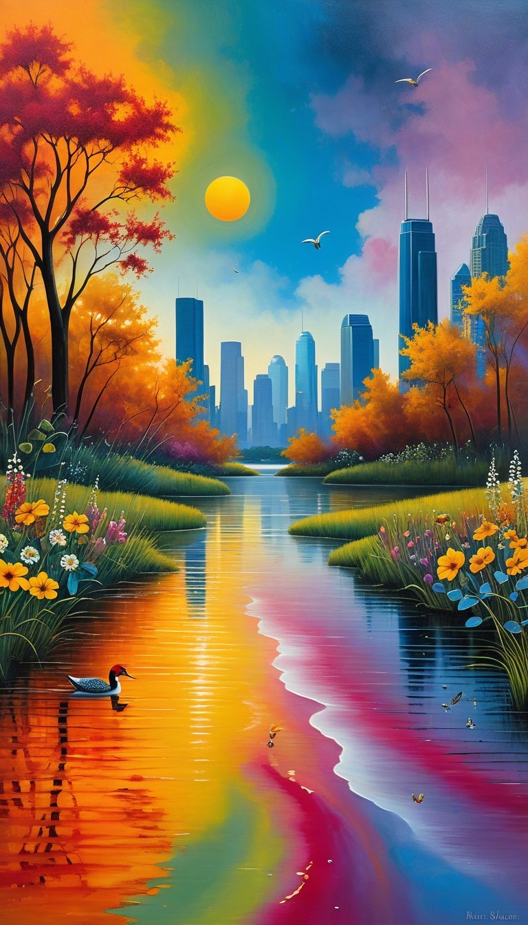 Vibrant Sunset Landscape with Tranquil River and City
