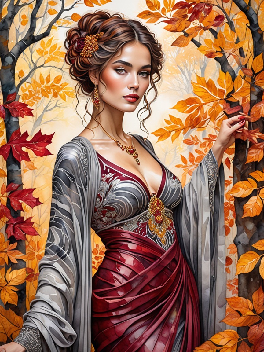 Elegant Woman in Autumn Leaves with Floral Accents