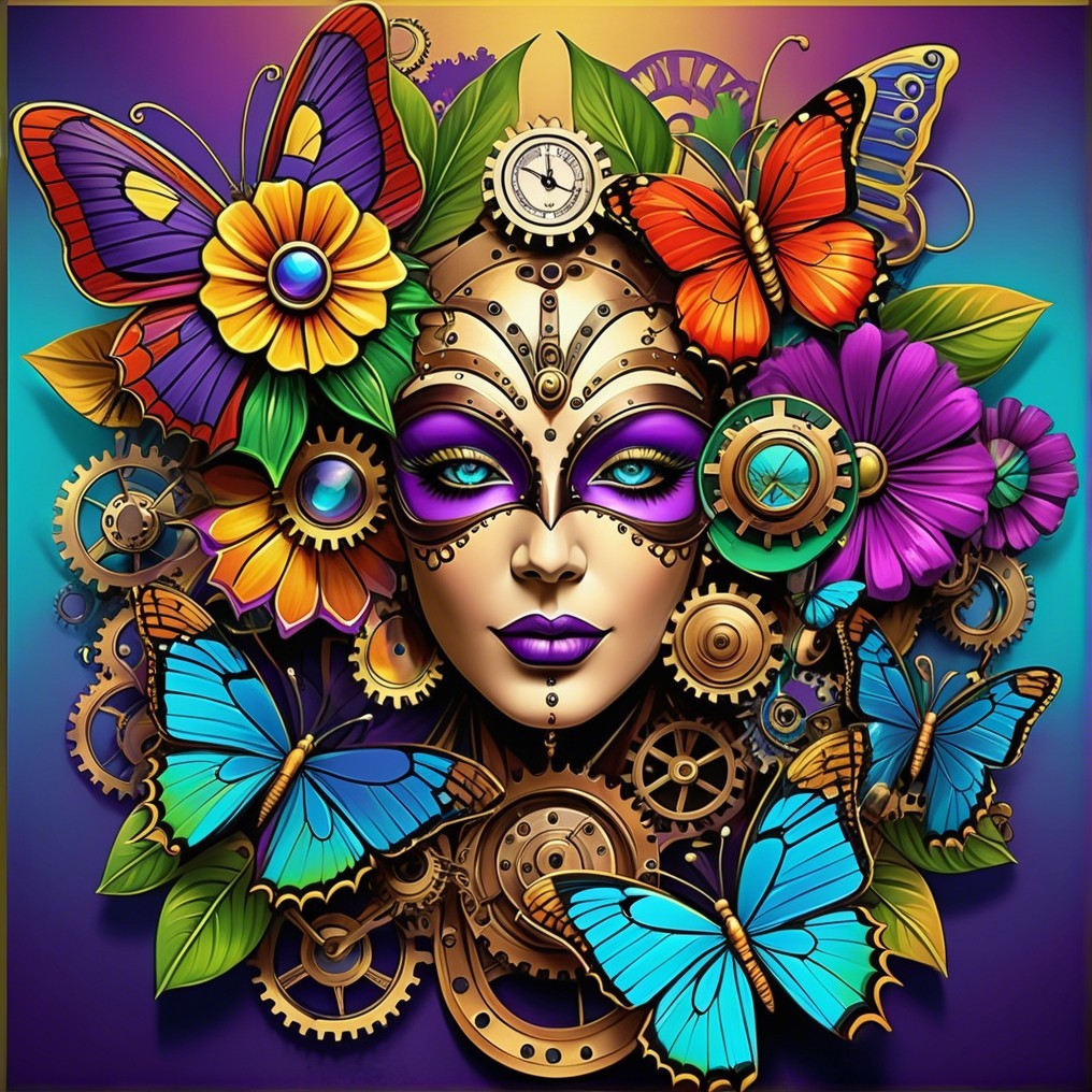 Stylized Face with Vibrant Mask and Colorful Butterflies