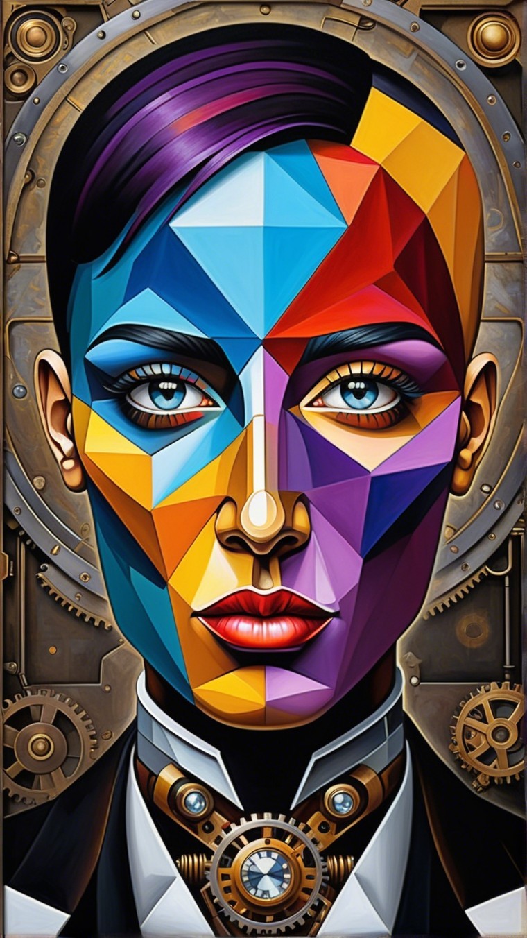 Abstract Geometric Portrait with Mechanical Elements