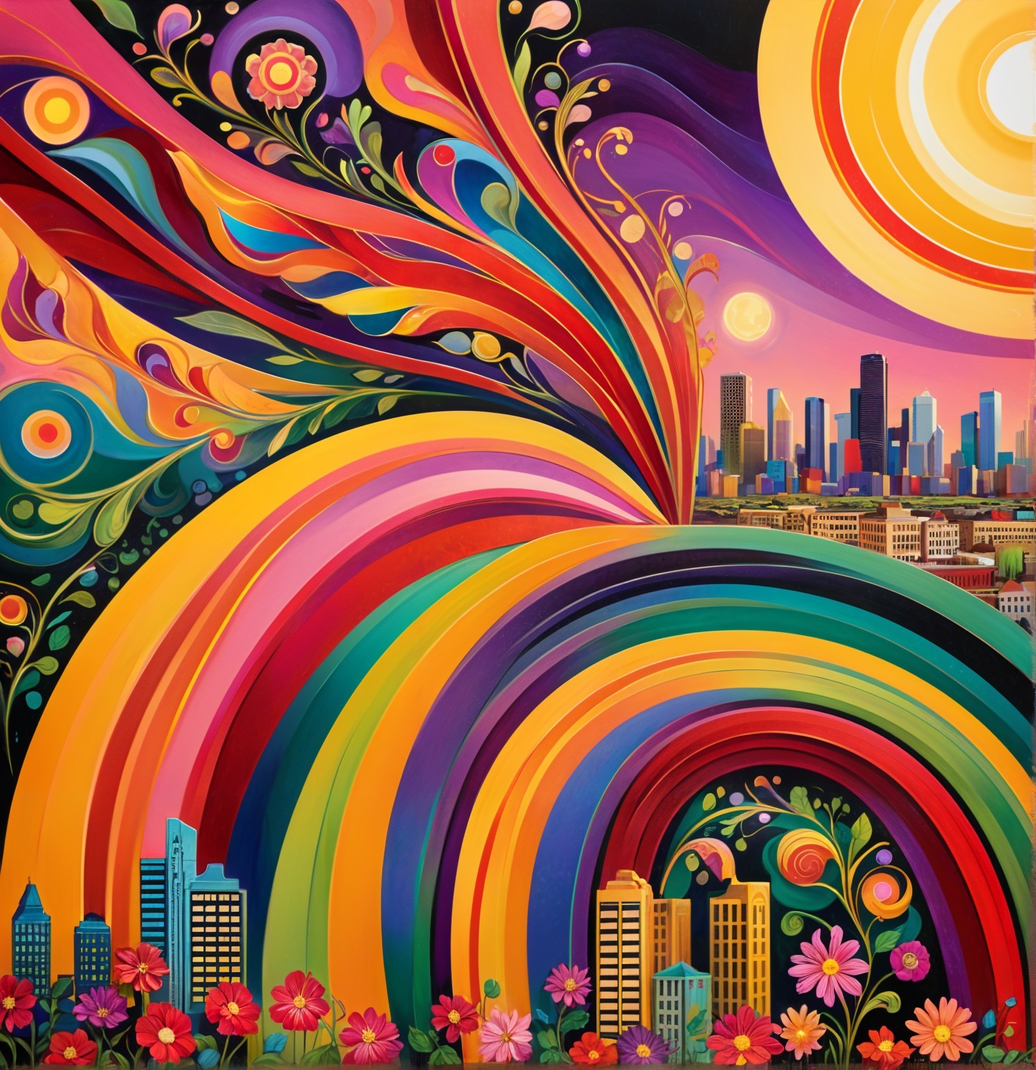 Vibrant Landscape with Colorful Patterns and Skyline