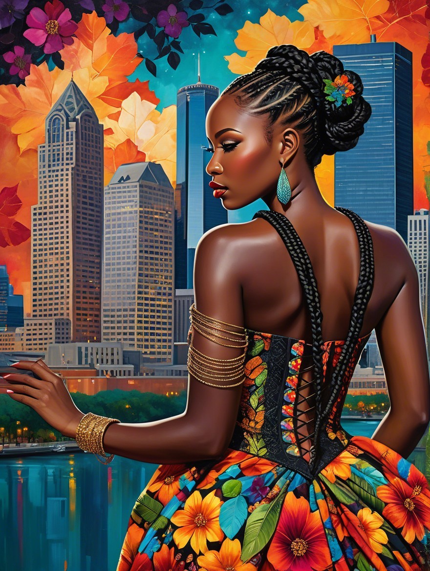 Colorful Floral Dress Against Vibrant City Skyline