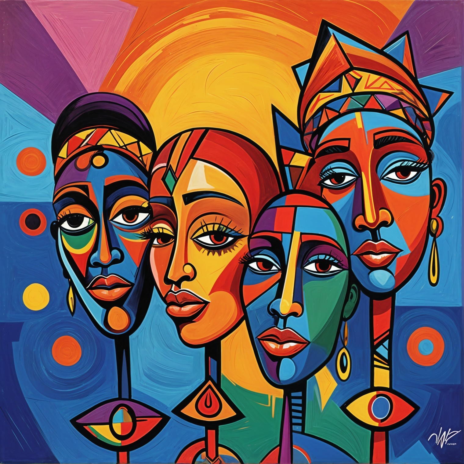 Vibrant Abstract Painting of Four Stylized Female Faces