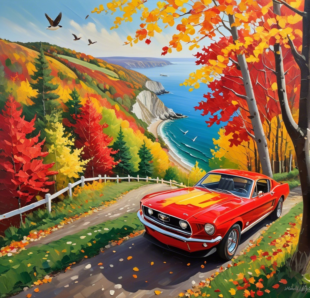 Vibrant Autumn Landscape with Classic Red Mustang