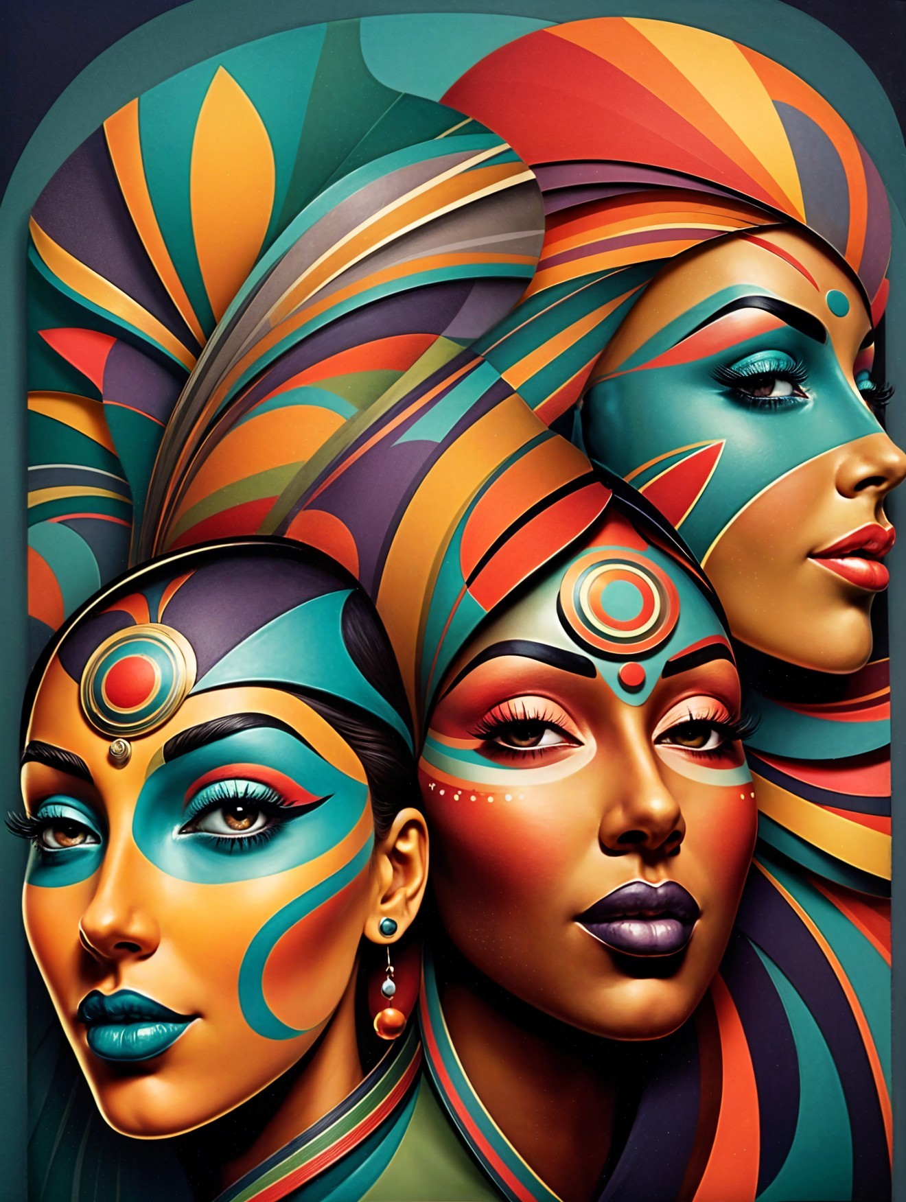Stylized Women’s Faces with Vibrant Colors and Patterns