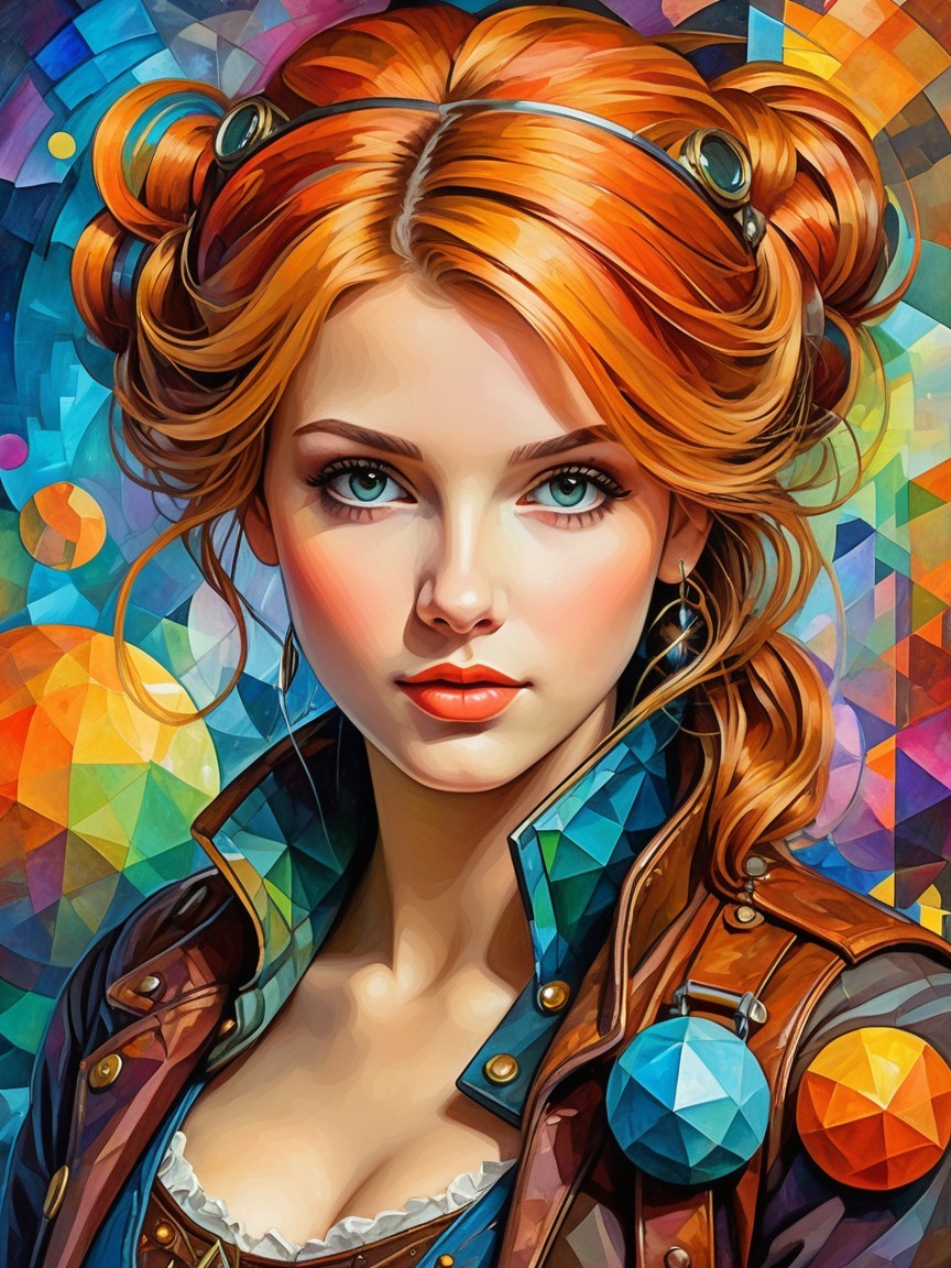 Young woman with red hair in colorful layered outfit