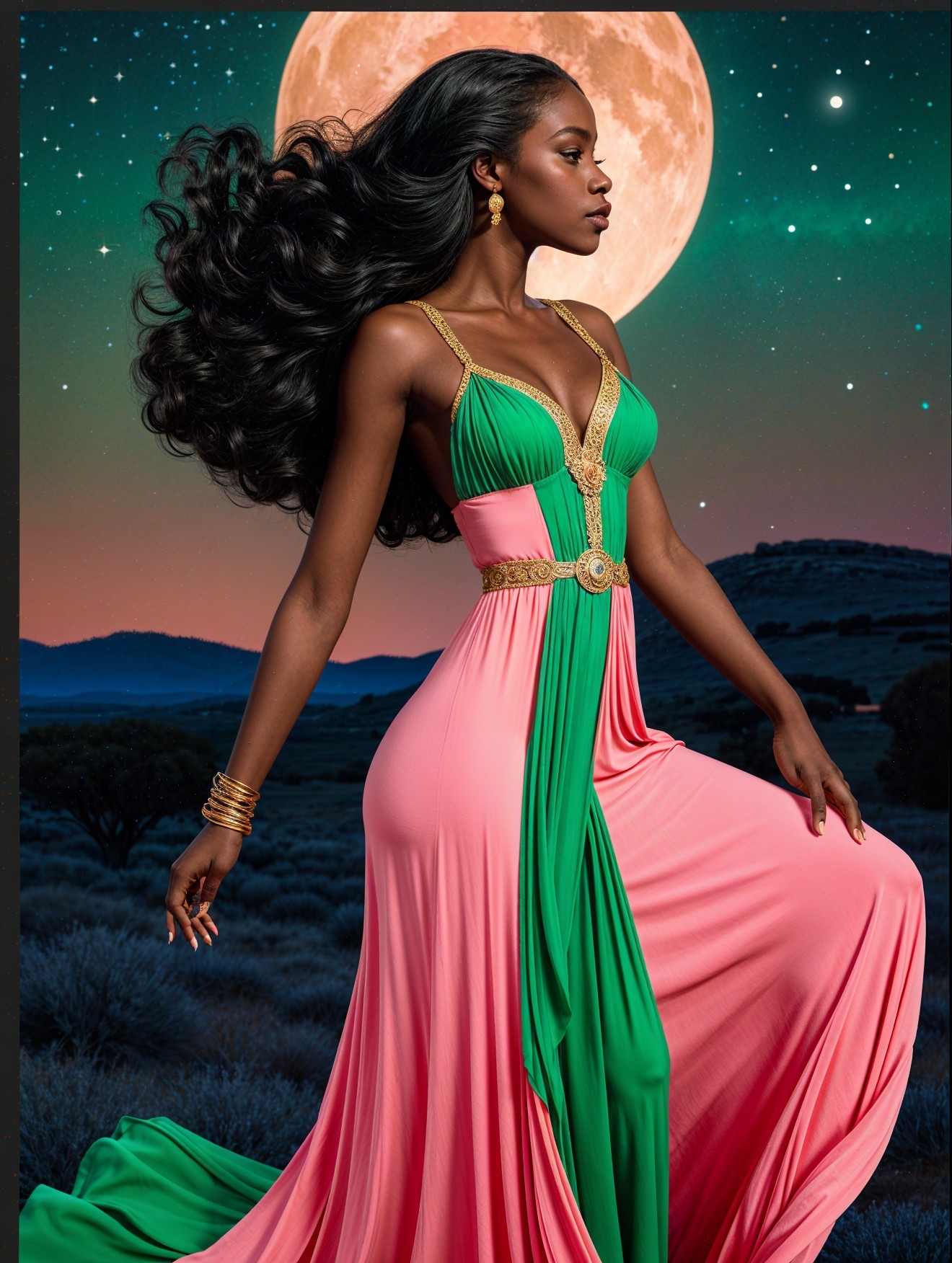 Model in Colorful Gown with Moonlit Landscape