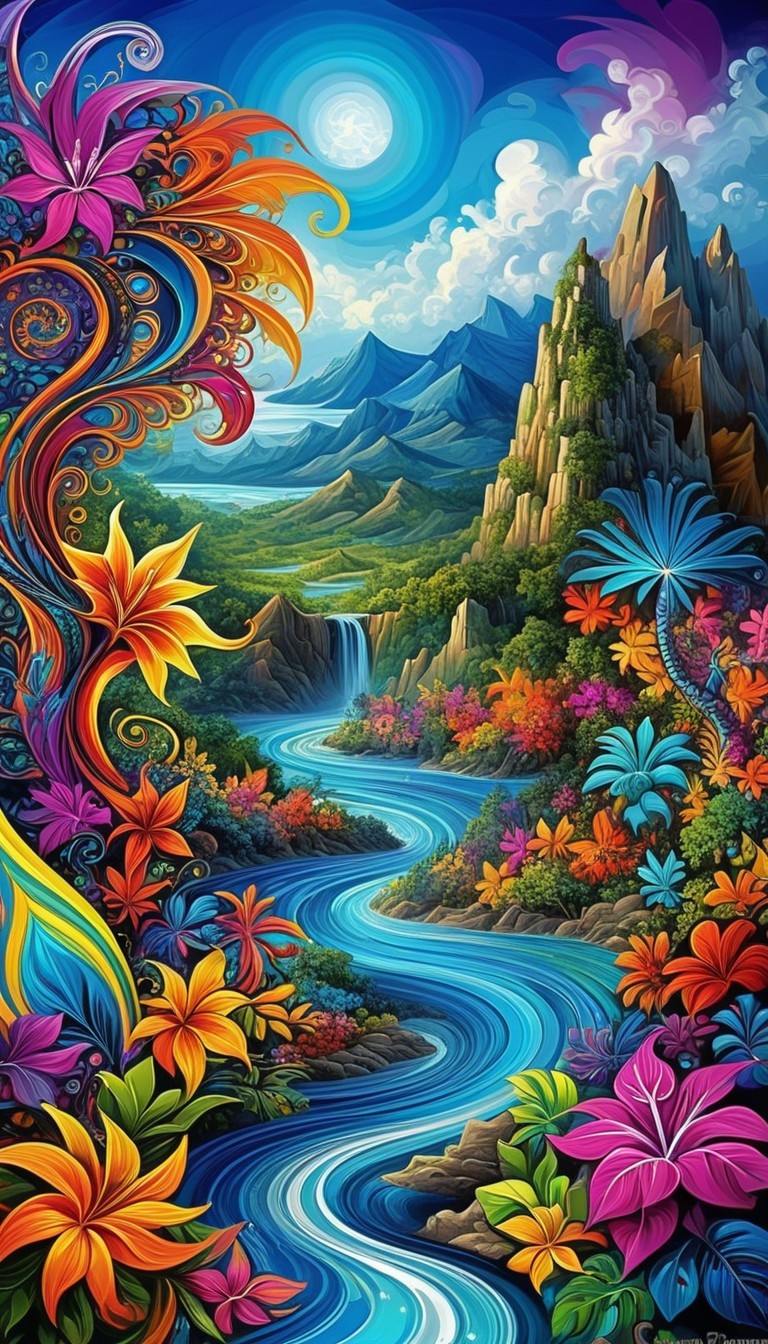 Vibrant Landscape with Flowers, River, and Mountains