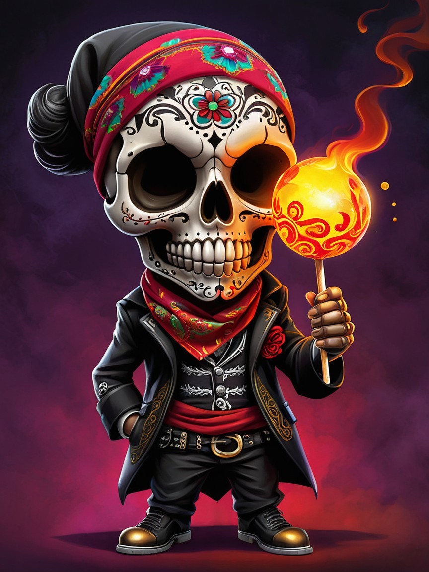 Vibrant Skeleton Character in Colorful Attire and Background