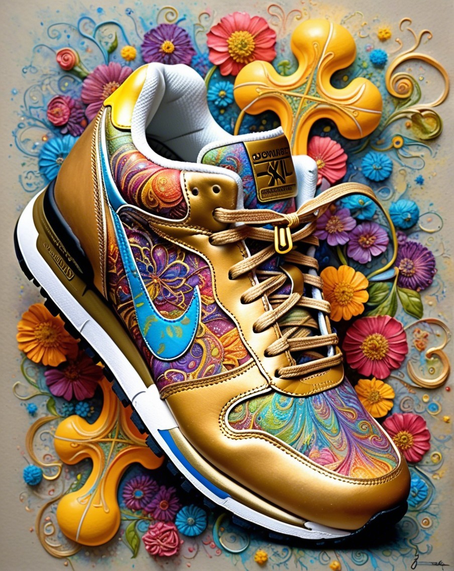 Vibrant Sneaker with Golden Patterns and Floral Designs