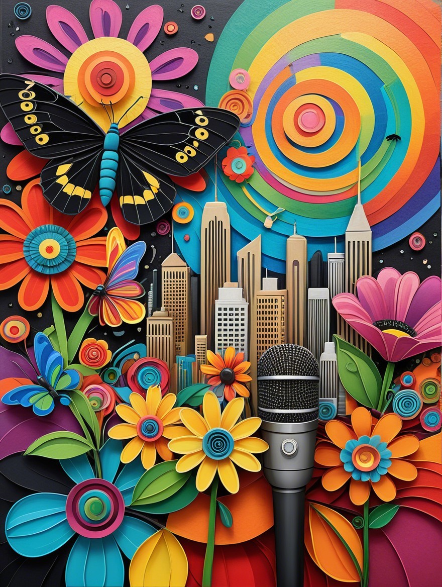 Vibrant Landscape with Flowers, Butterfly, and Skyscrapers