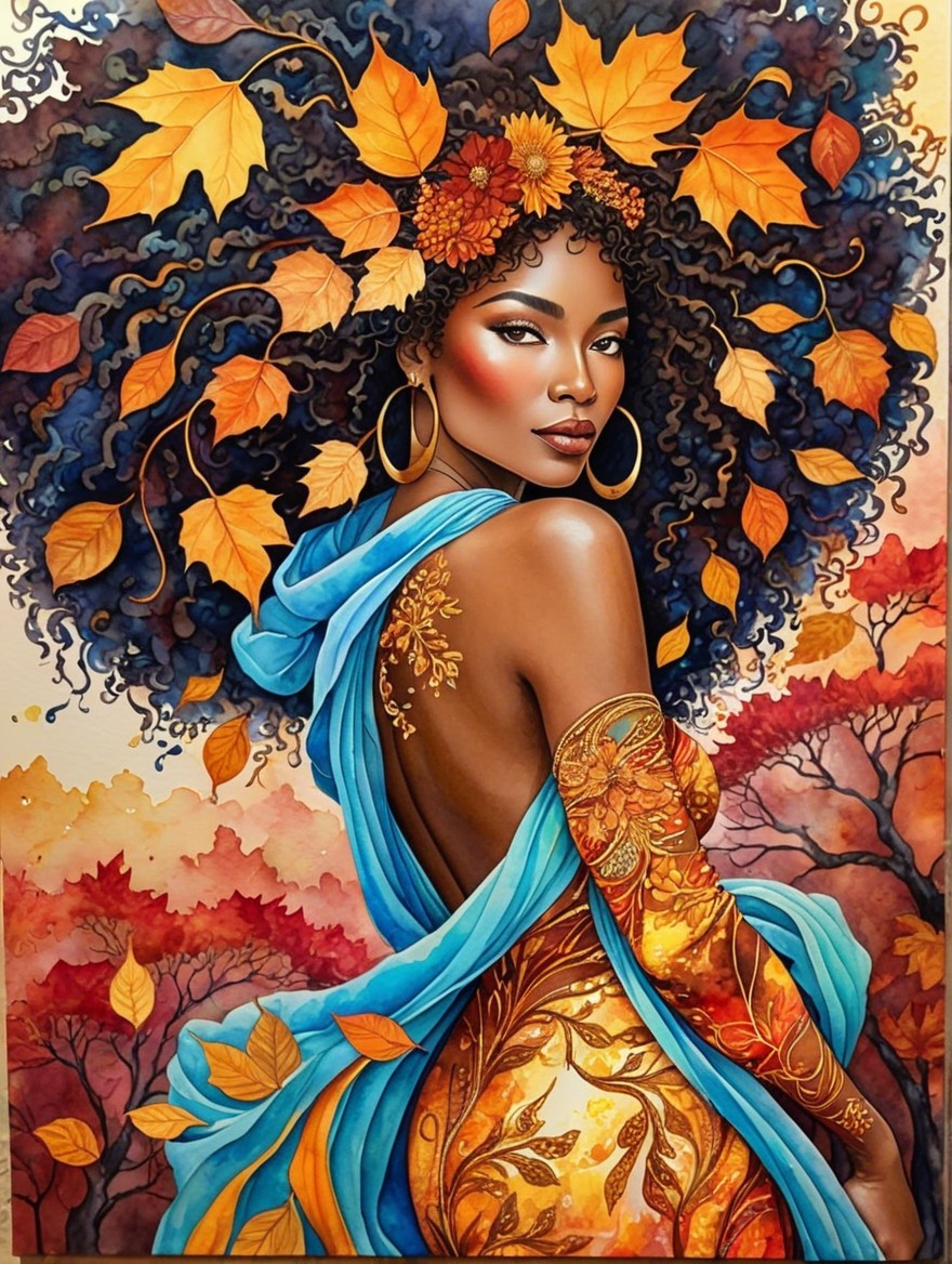 Woman with Curly Hair and Autumn Leaves Artwork