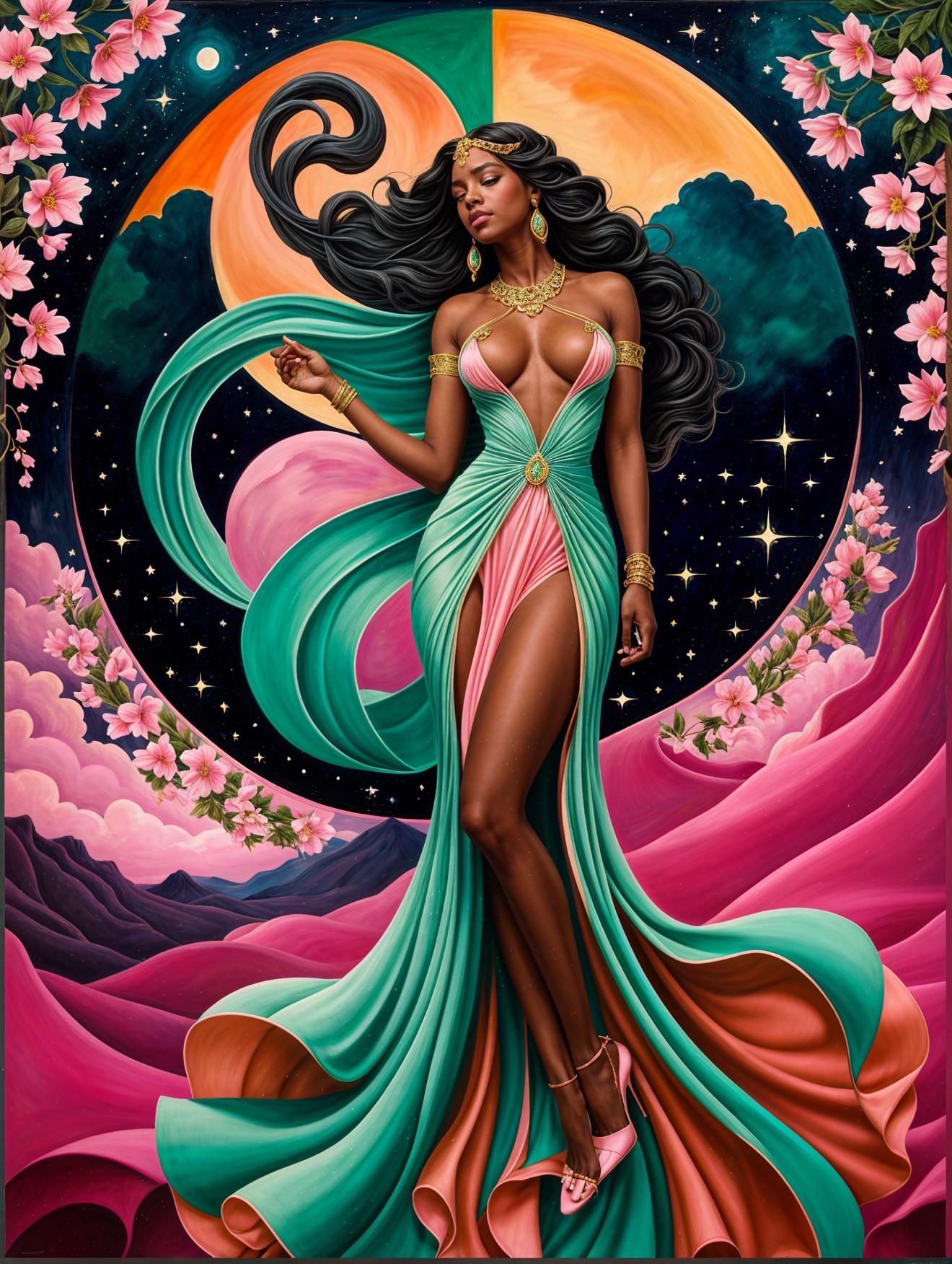 Woman in Flowing Turquoise and Coral Gown Against Stars
