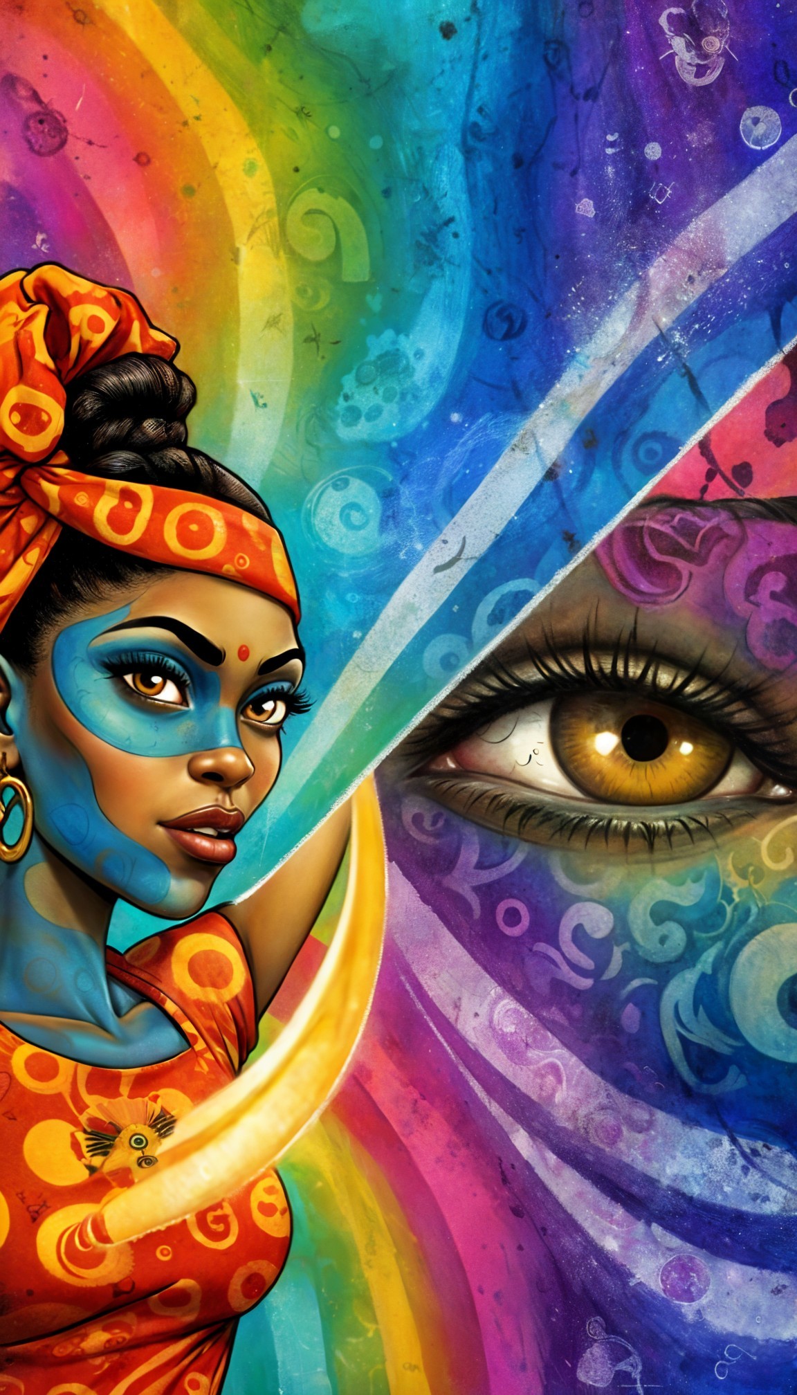 Vibrant Portrait of a Woman with Blue Skin and Patterns