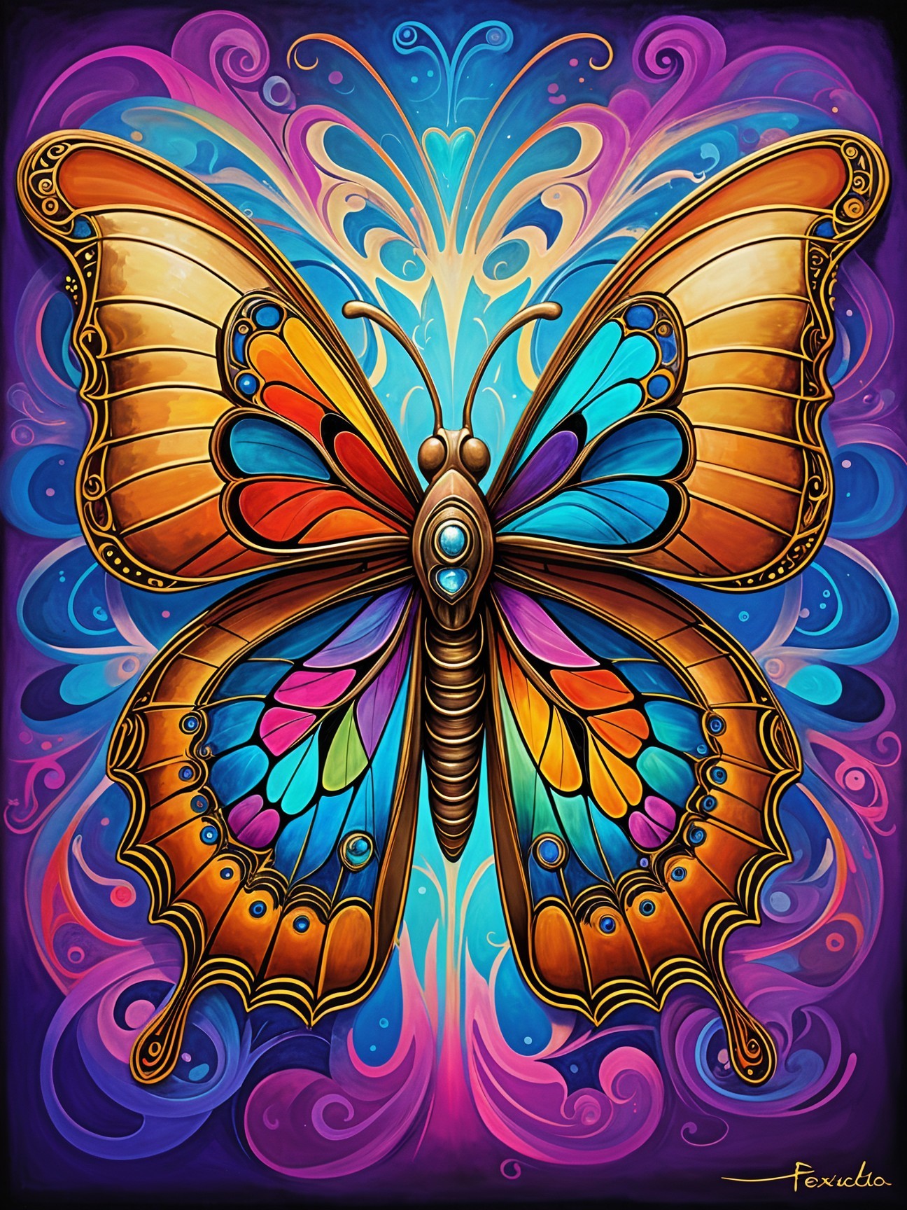 Vibrant Butterfly with Colorful Wings and Swirling Background