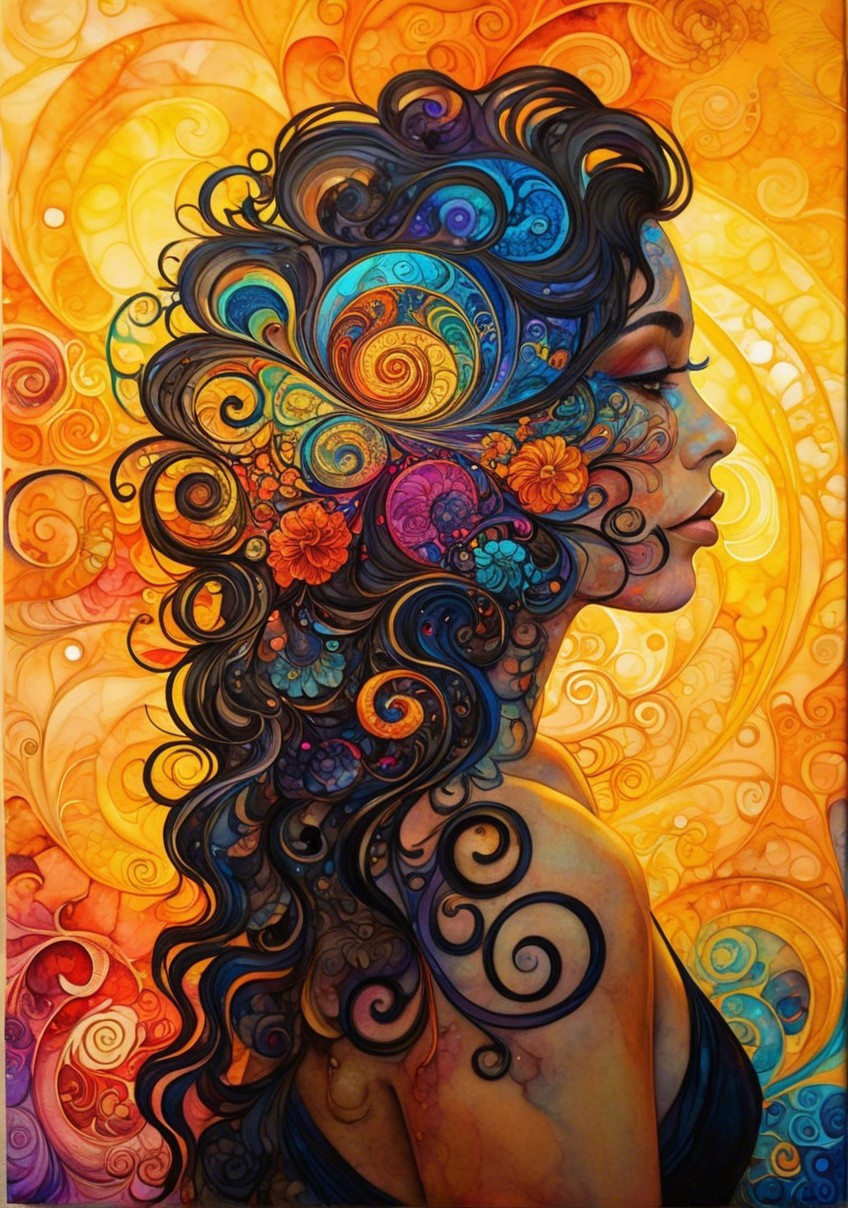 Profile of a Woman with Swirling Hair and Patterns