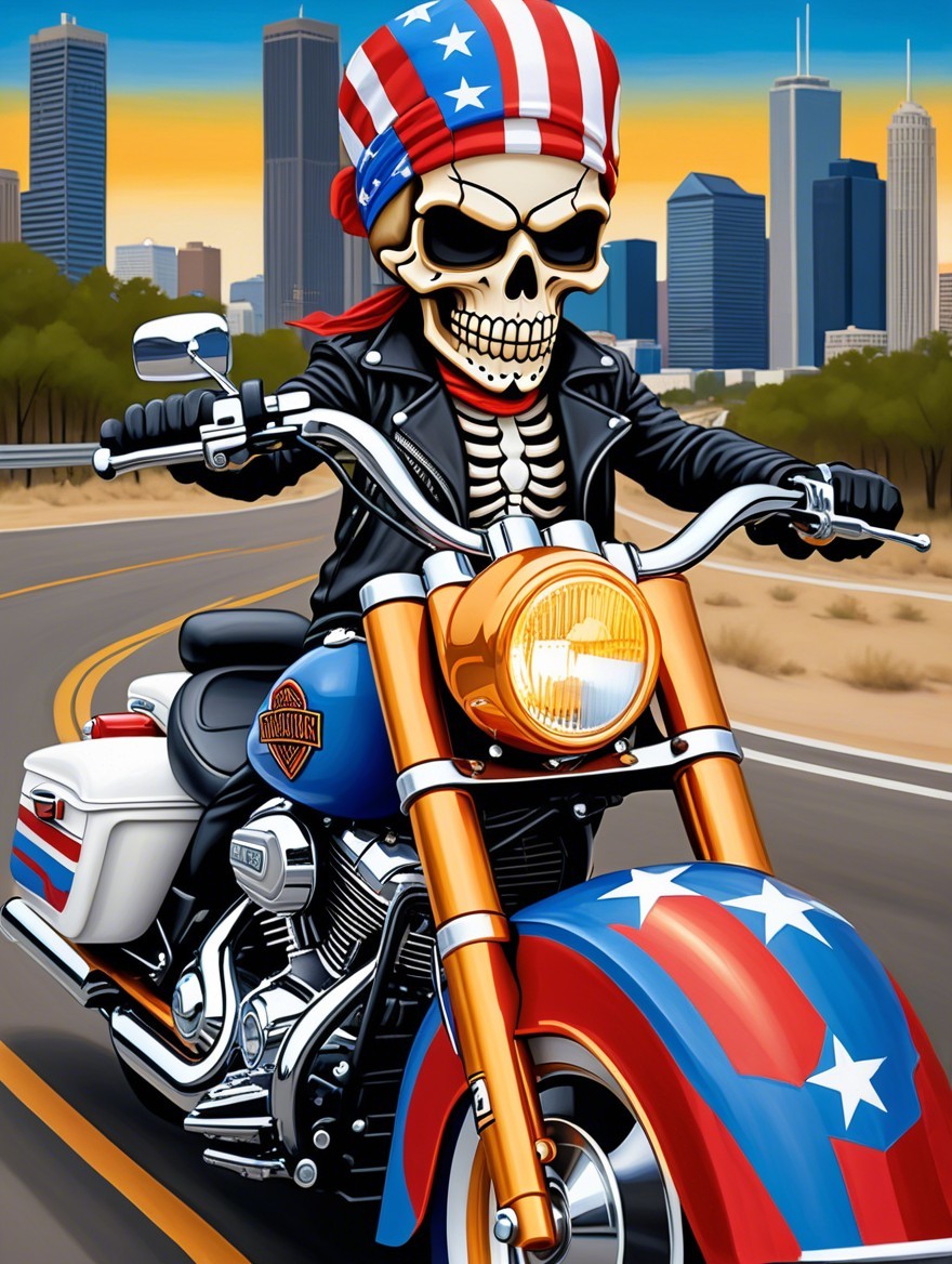 Skeleton in Leather Jacket Riding Motorcycle at Sunset
