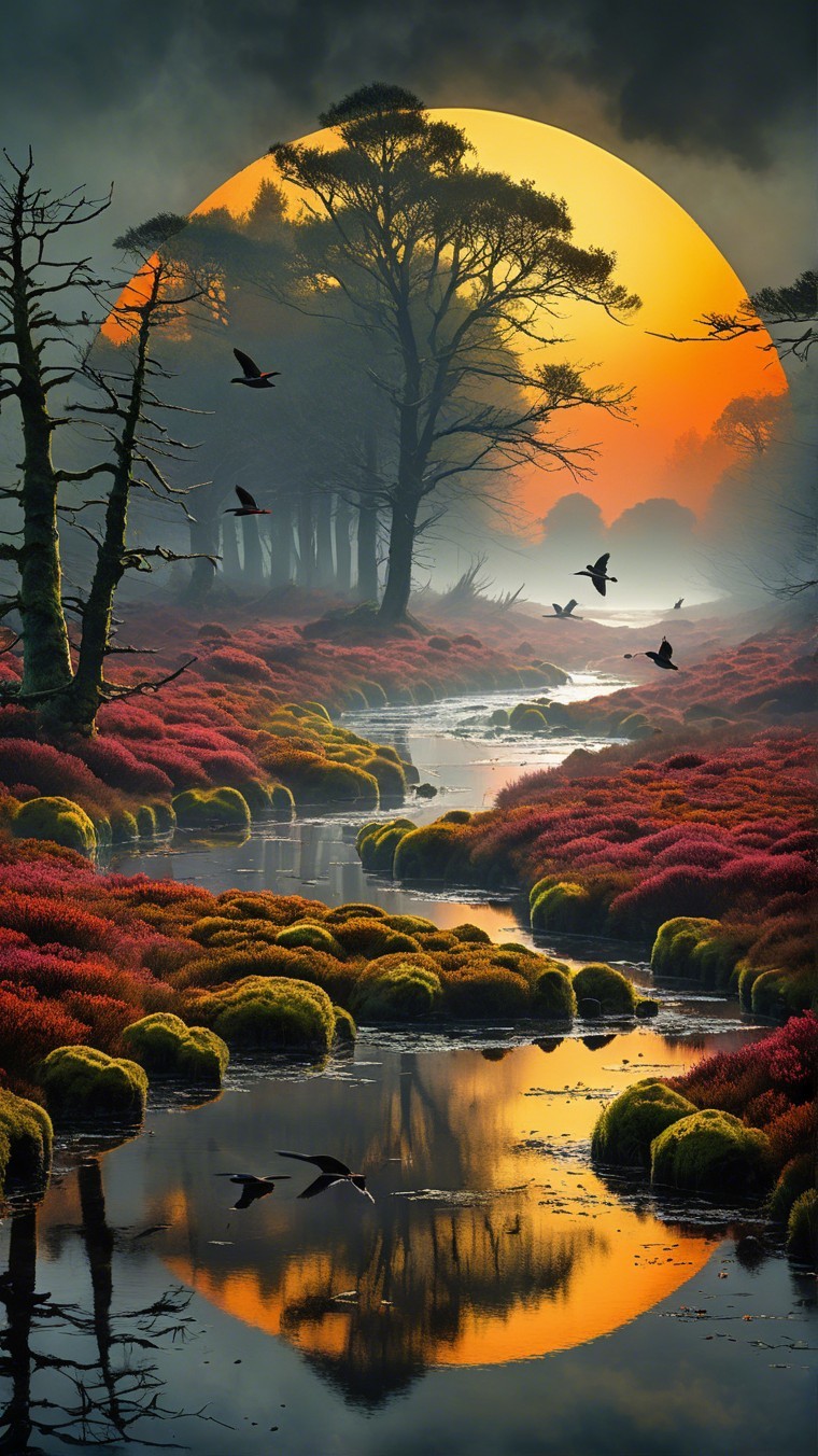 Tranquil Sunset Landscape with River and Silhouetted Trees