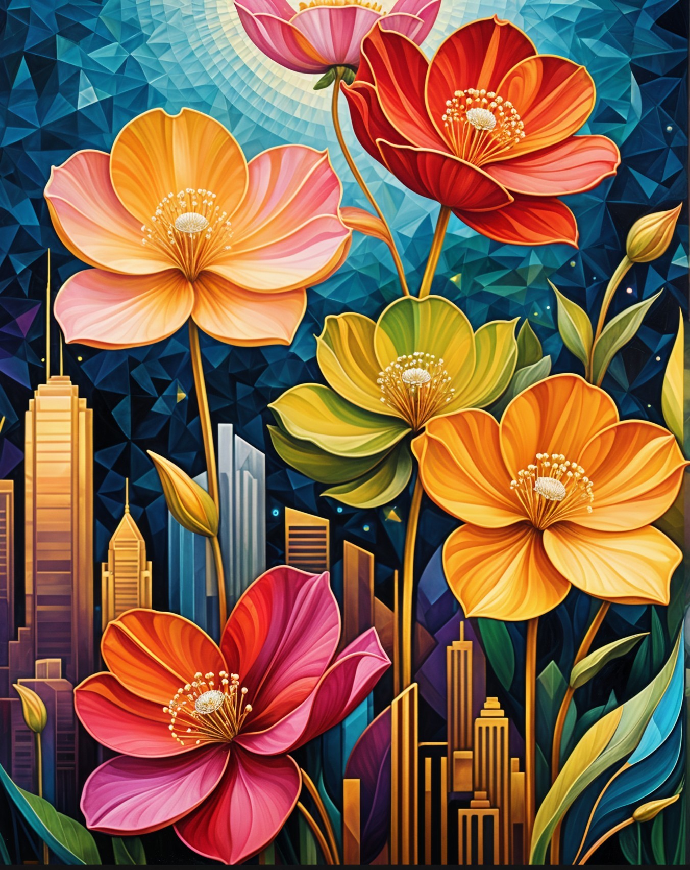 Vibrant Flowers Against a Blue Urban Skyline