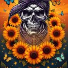 Figure with Skull Face Surrounded by Sunflowers and Butterflies