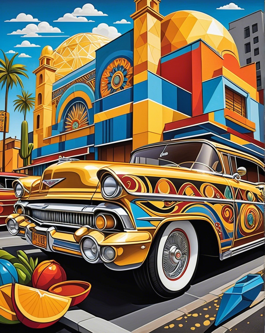 Vivid Yellow Vintage Car with Colorful Building Scene