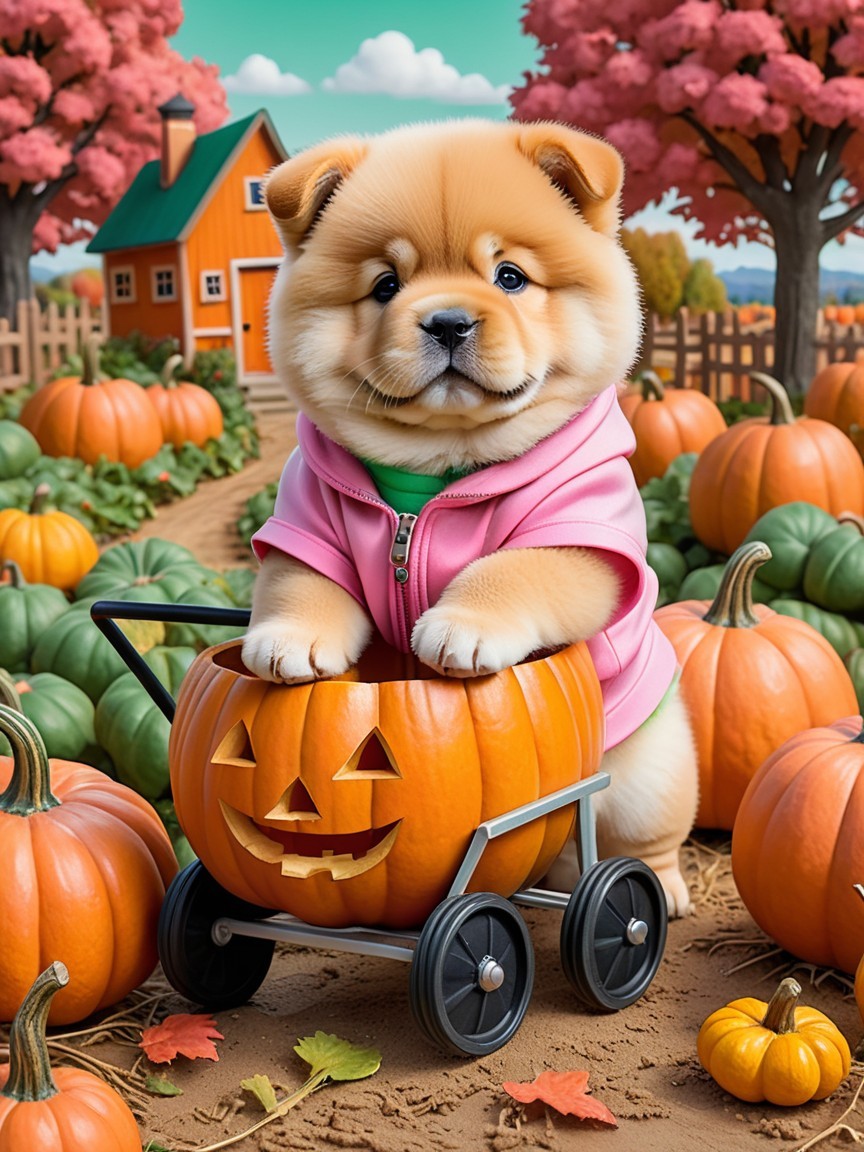 Fluffy Chow Chow Puppy in Pumpkin Cart Scene