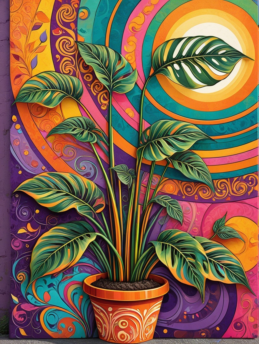 Vibrant Plant in Decorative Pot with Colorful Background