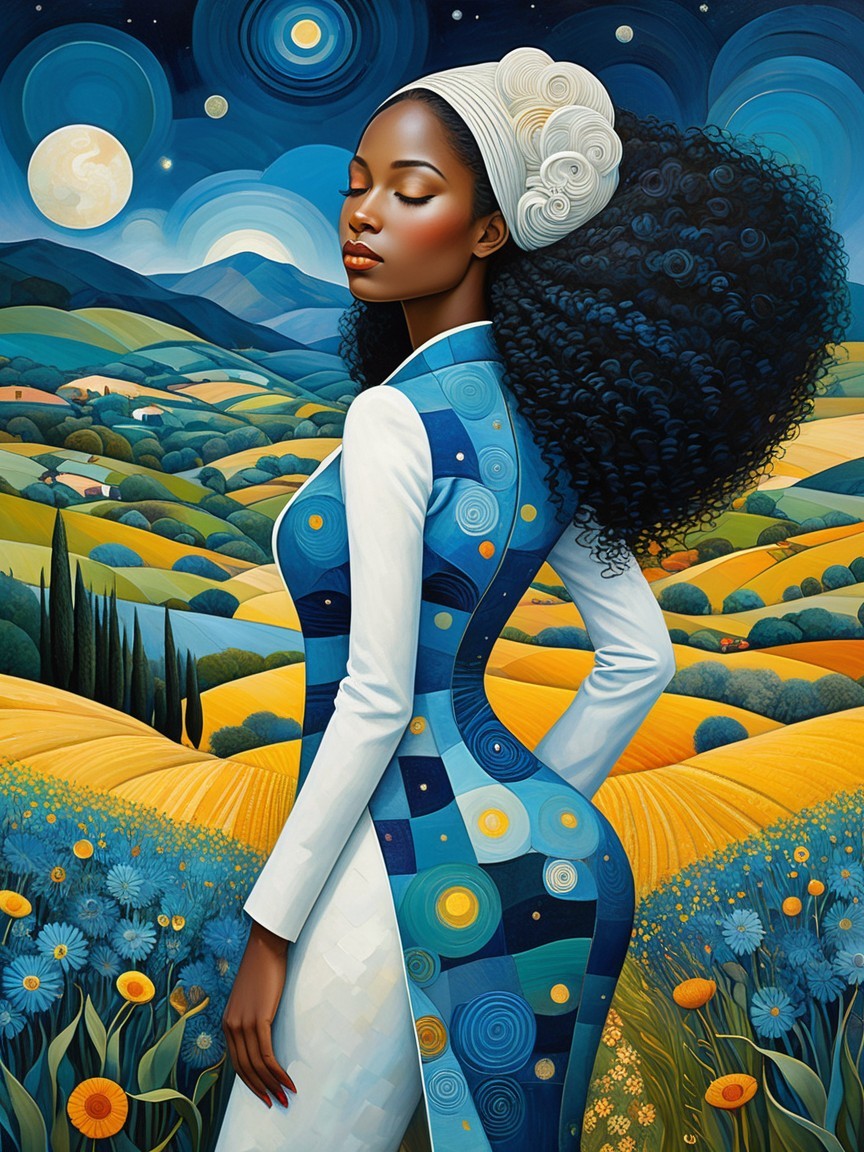 Woman in Blue Gown Amid Surreal Landscape and Stars