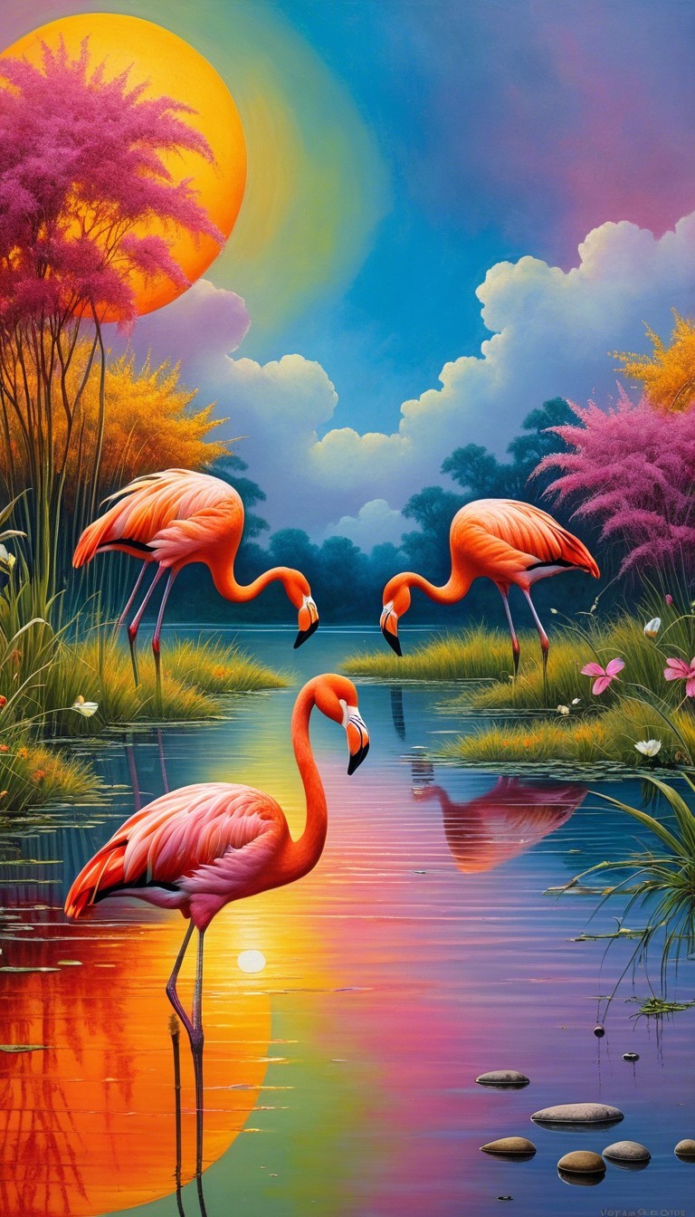 Flamingos by a Colorful Sunset at a Tranquil Lake