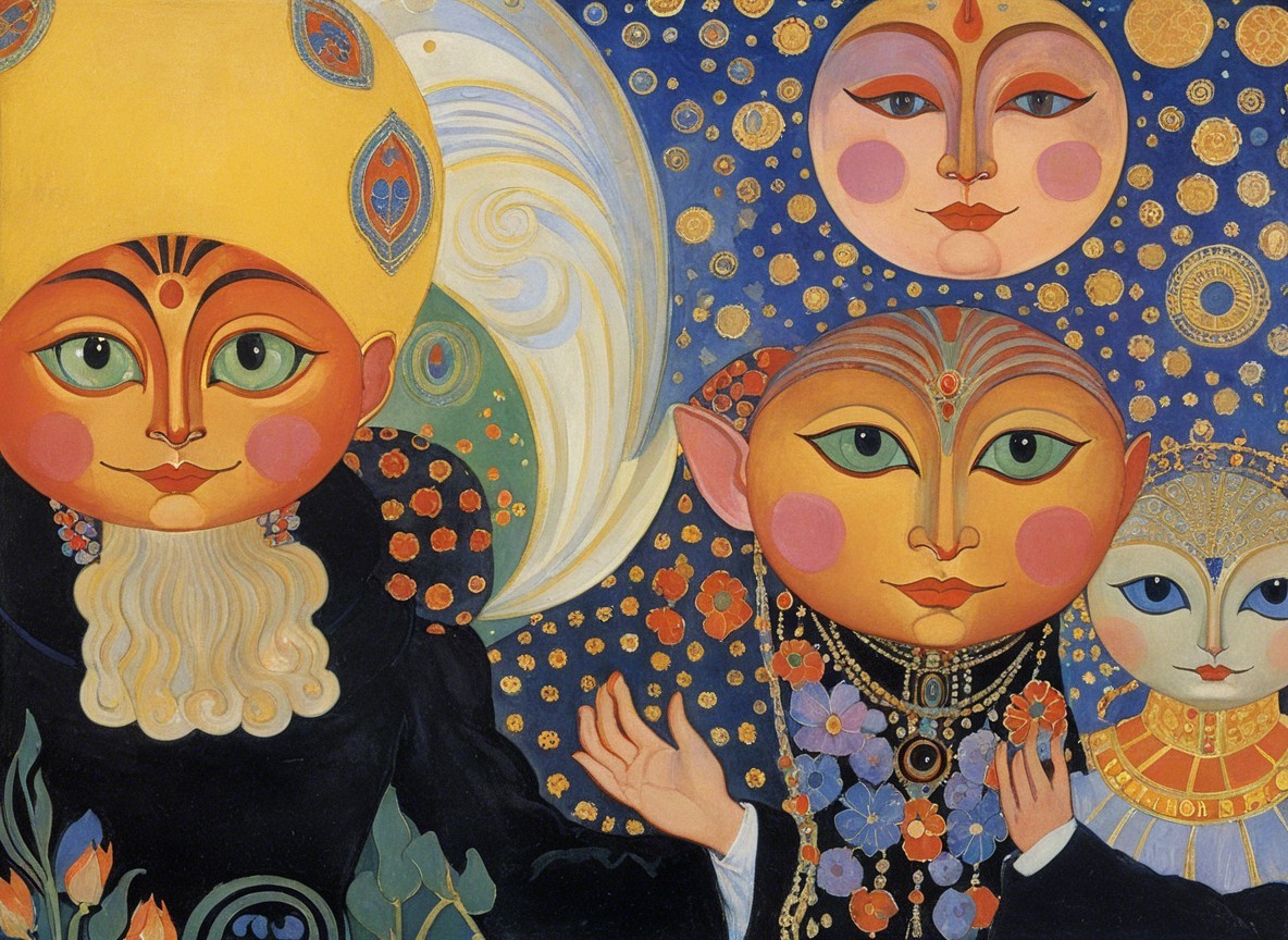 Whimsical Artwork with Colorful Figures and Celestial Motifs