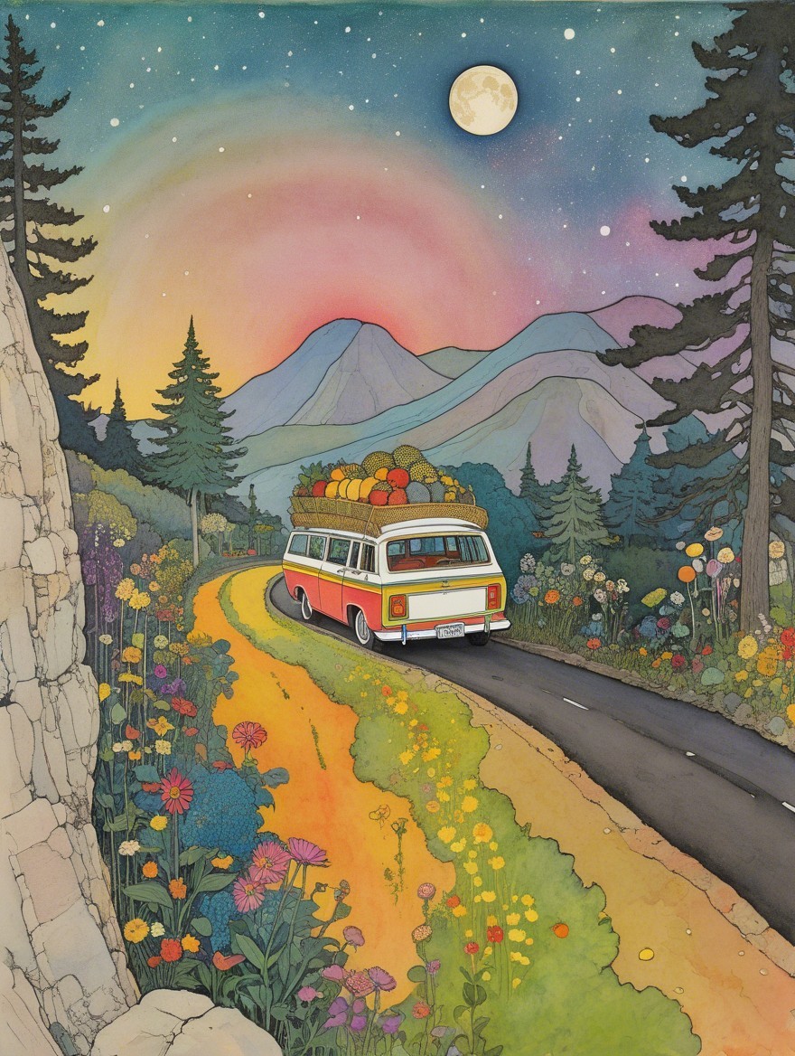 Illustrated Landscape with Vintage Van and Nature Elements