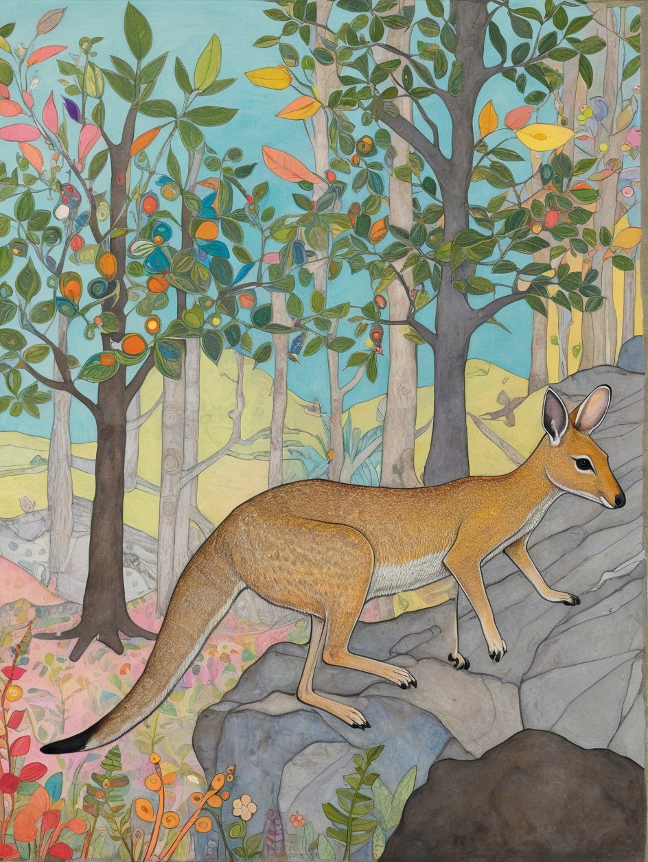 Vibrant Painting of Kangaroo in Colorful Forest Scene
