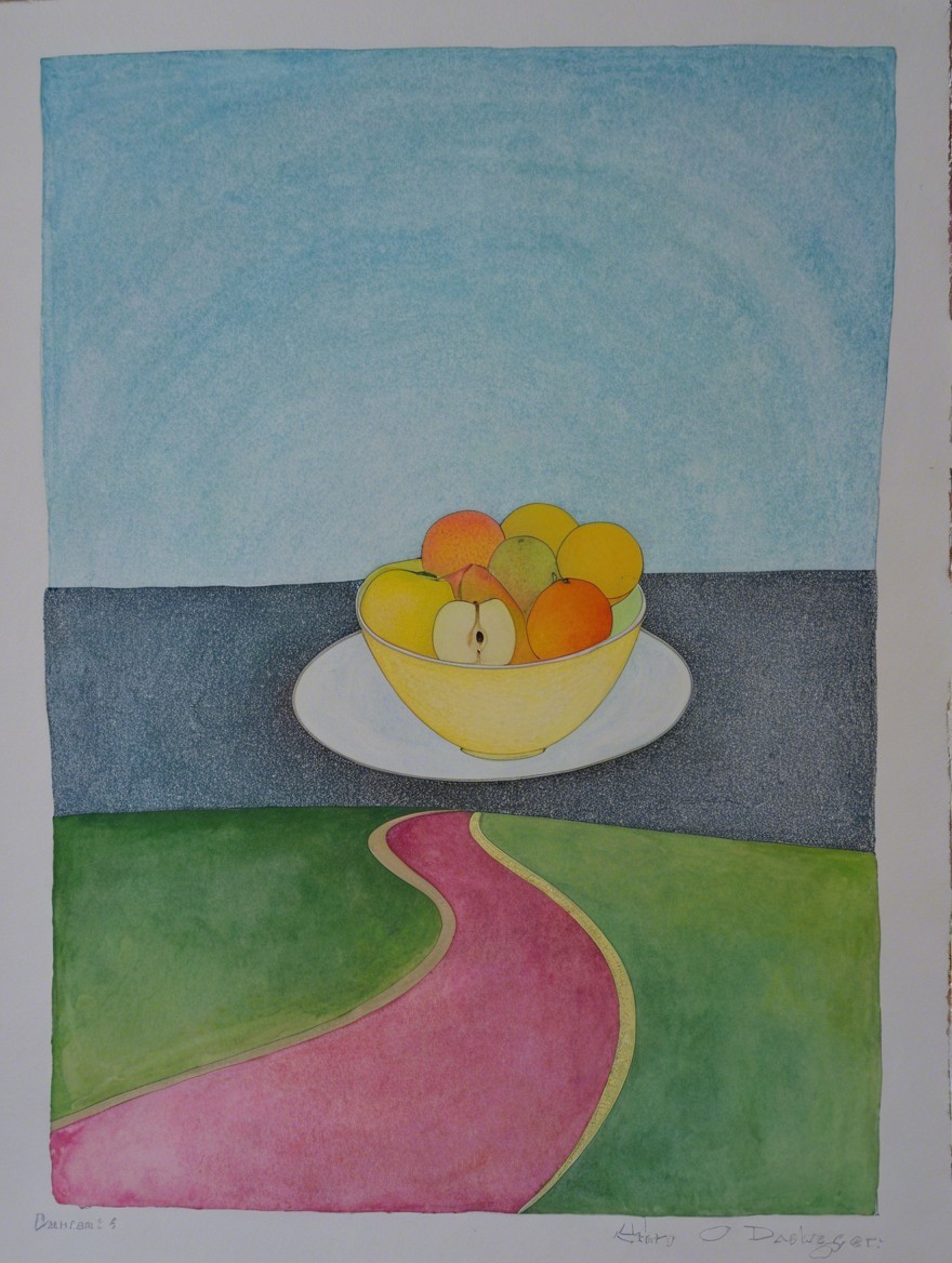 Still Life of Colorful Fruit with Scenic Background