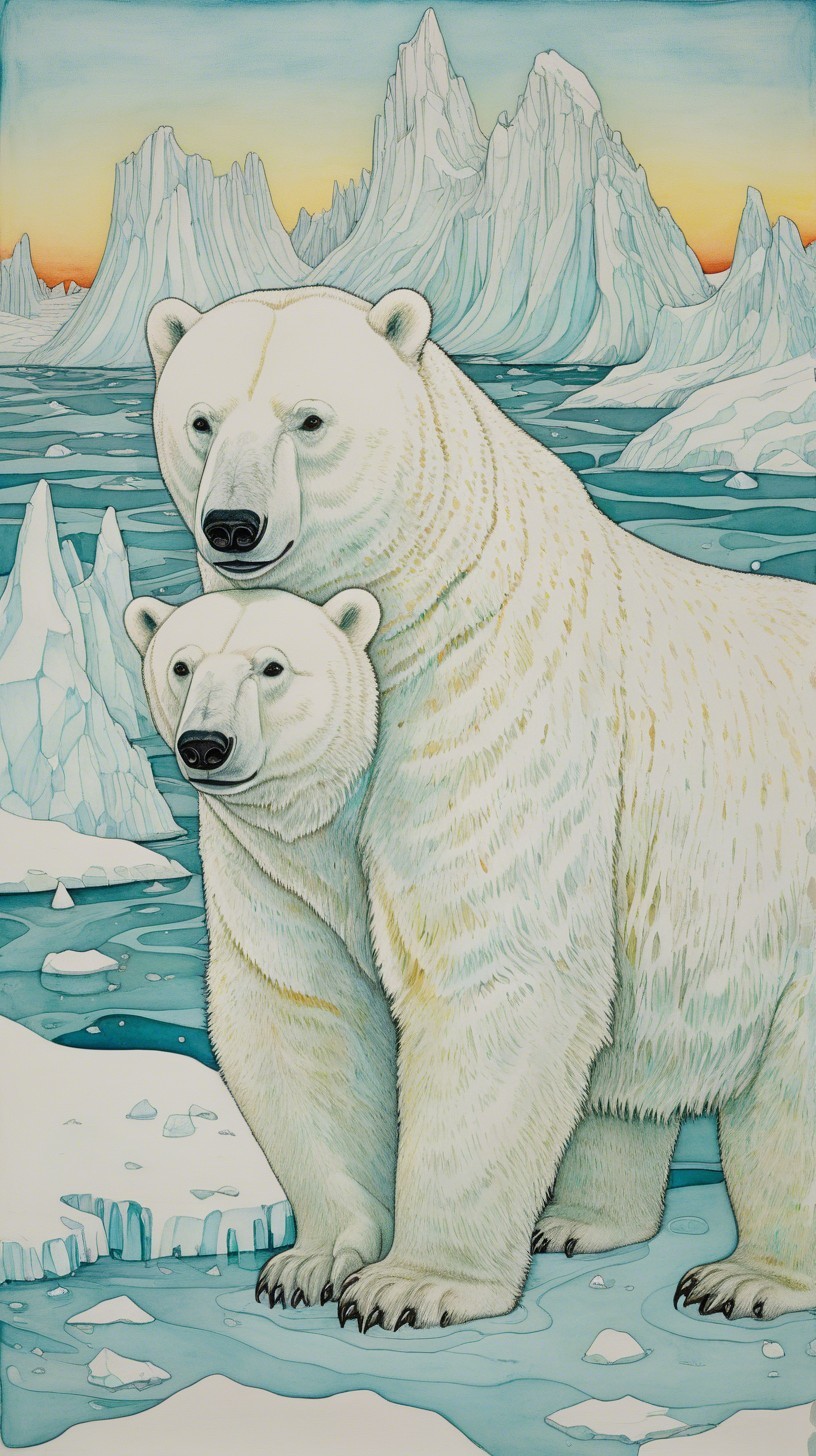 Watercolor of Polar Bears on Ice Floe in Landscape